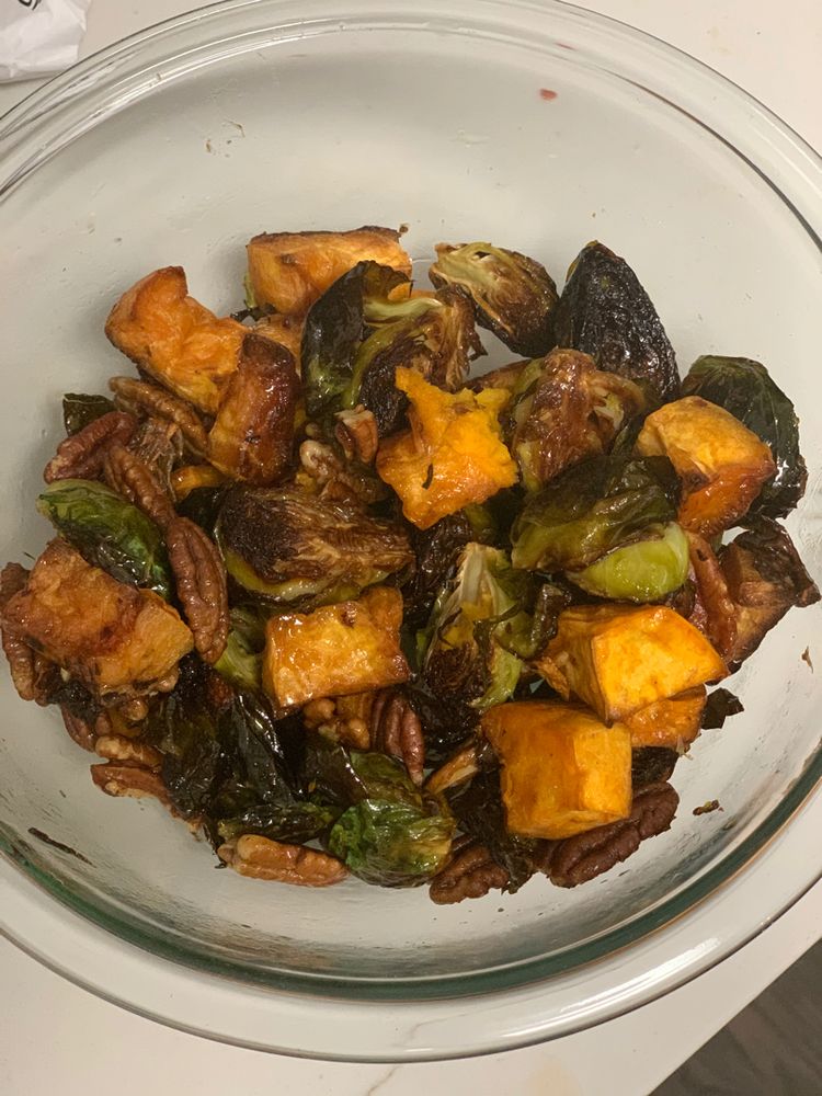 Roasted Brussel Sprouts and Sweet Potatoes