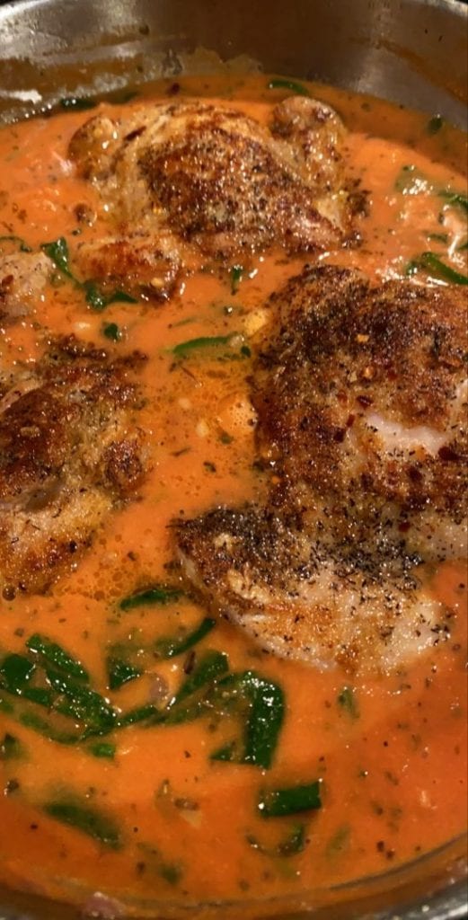 Skillet Chicken Thighs with Creamy Tomato Basil Spinach Sauce