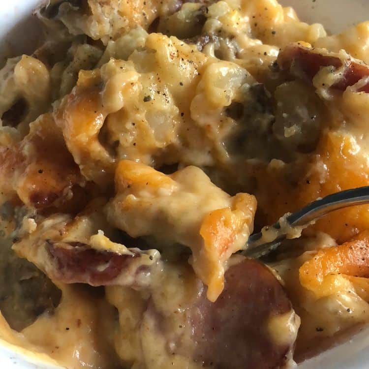 CHEESY SMOKED SAUSAGE AND POTATO CASSEROLE