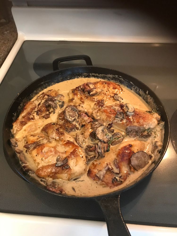 Chicken Thighs with Creamy Bacon Mushroom Thyme Sauce