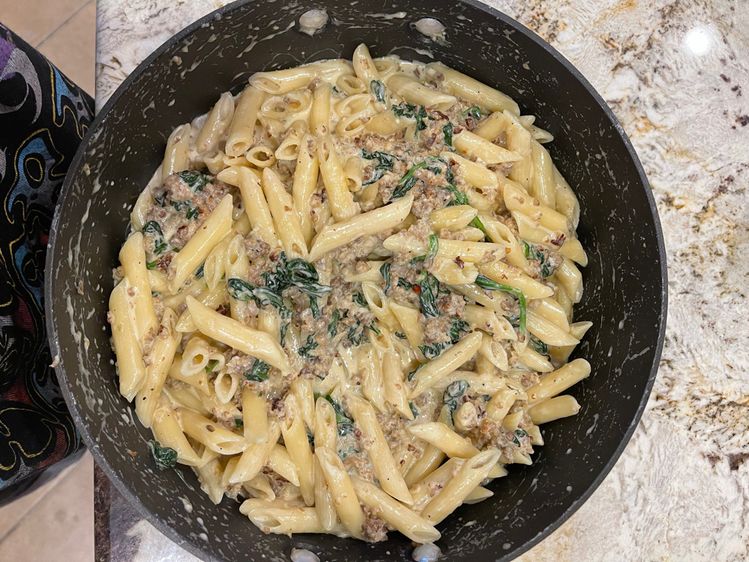 Easy Creamy Garlic Penne with Sausage & Spinach