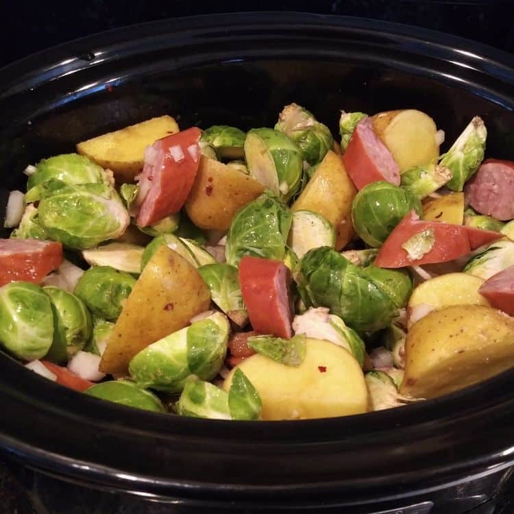 Slow Cooker Kielbasa, Brussels Sprouts and Potatoes