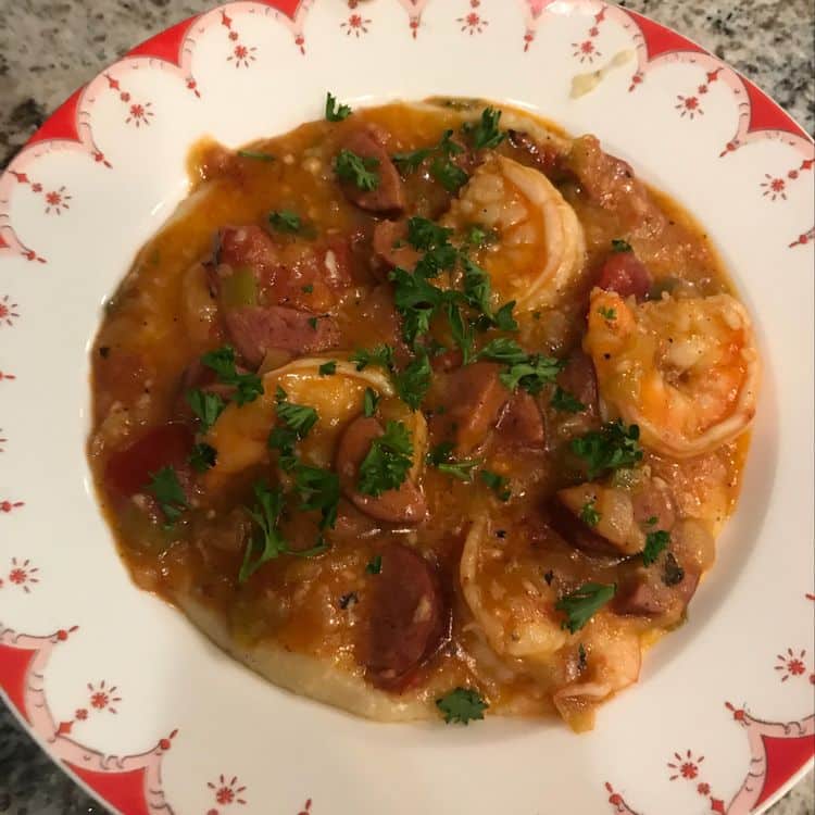Smothered Shrimp with Andouille Sausage and Creamy Parmesan Peppercorn Grits