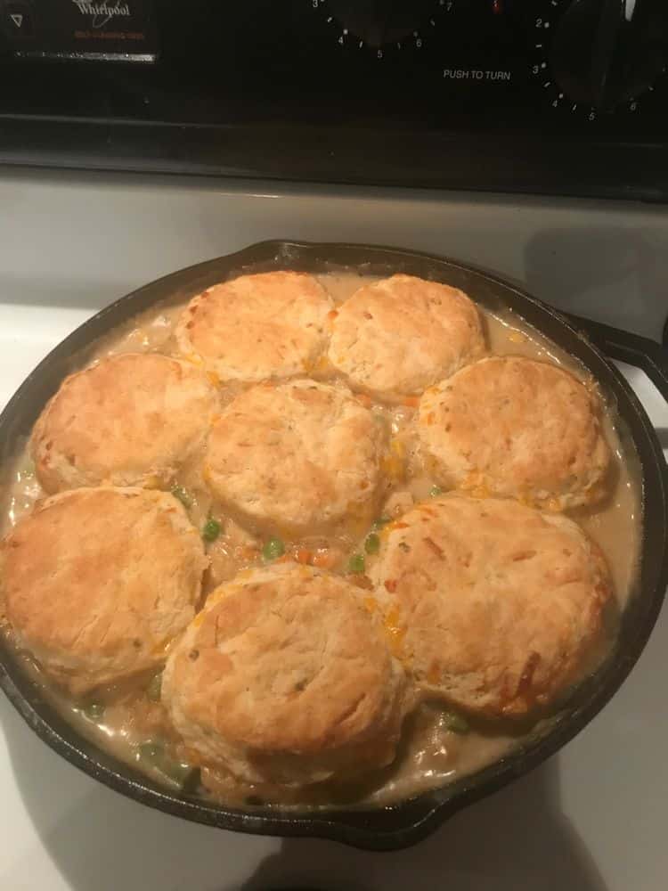 VEGETABLE POT PIE SKILLET WITH CHEDDAR BISCUIT TOPPING