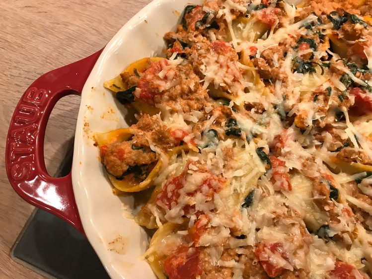 Ricotta Stuffed Pasta Shells with Sausage and Spinach