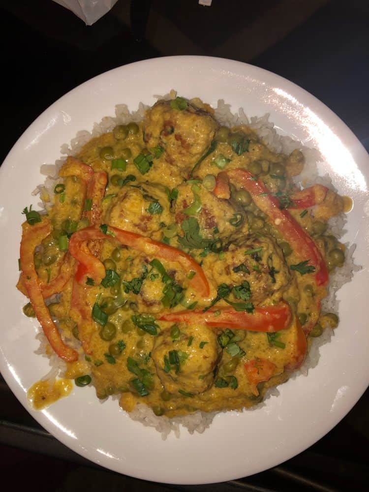 One Pan Cilantro Chicken Meatballs in Mango Coconut Sauce