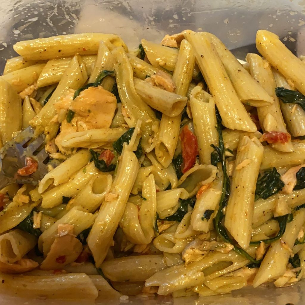 Salmon Pasta with Sun-Dried Tomato Cream Sauce and Spinach