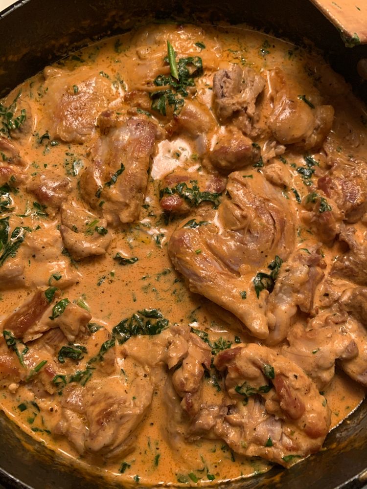Skillet Chicken Thighs with Creamy Tomato Basil Spinach Sauce
