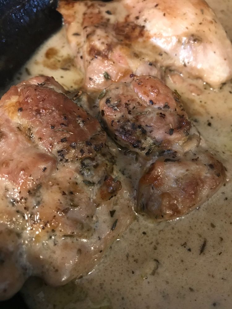 Herb Roasted Chicken Thighs in Creamy White Wine Sauce