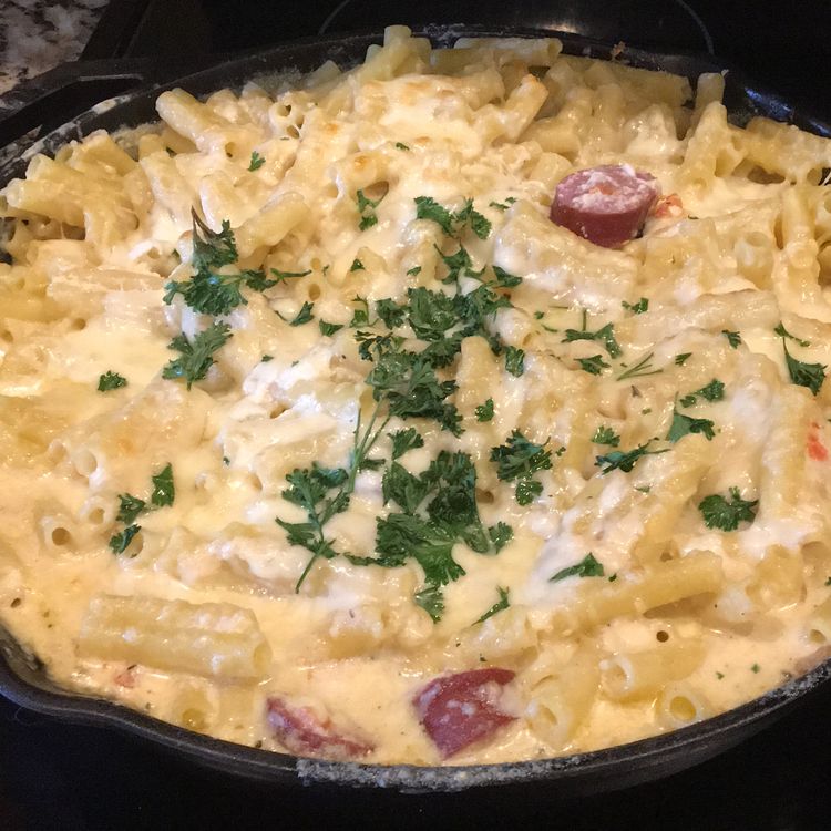 SPICY SMOKED SAUSAGE ALFREDO BAKE