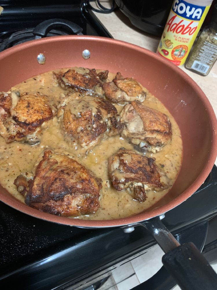 Herb Roasted Chicken Thighs in Creamy White Wine Sauce