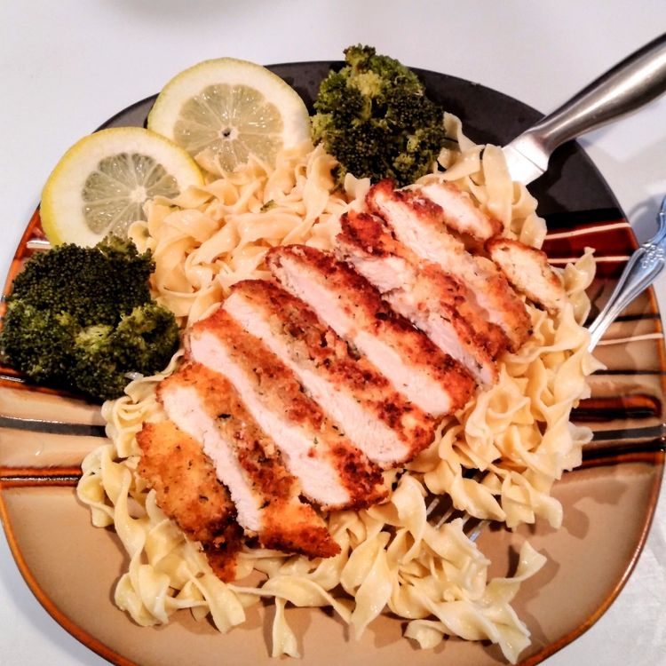 Romano Chicken with Lemon Garlic Pasta