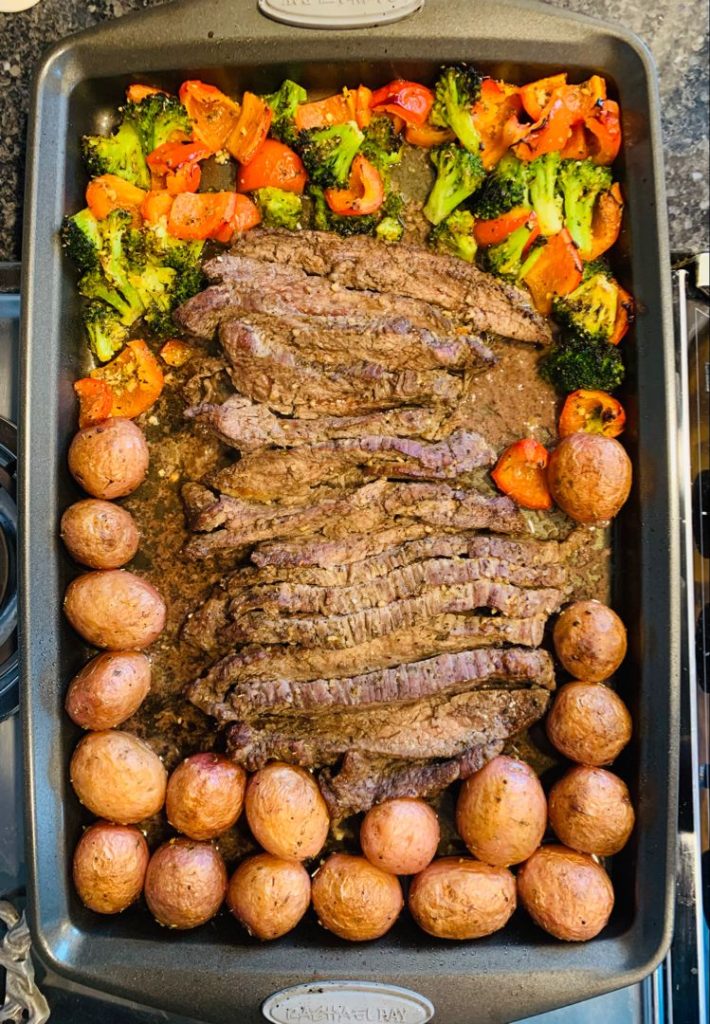 Sheet Pan Flank Steak with Garlic Roasted Potatoes